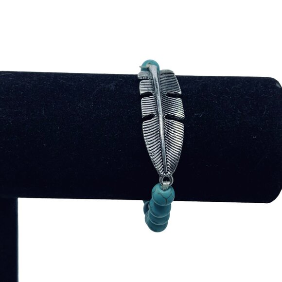 Faux Turquois Beads With Silver Tone Feather Stretch Bracelet (5493) - Picture 2 of 5